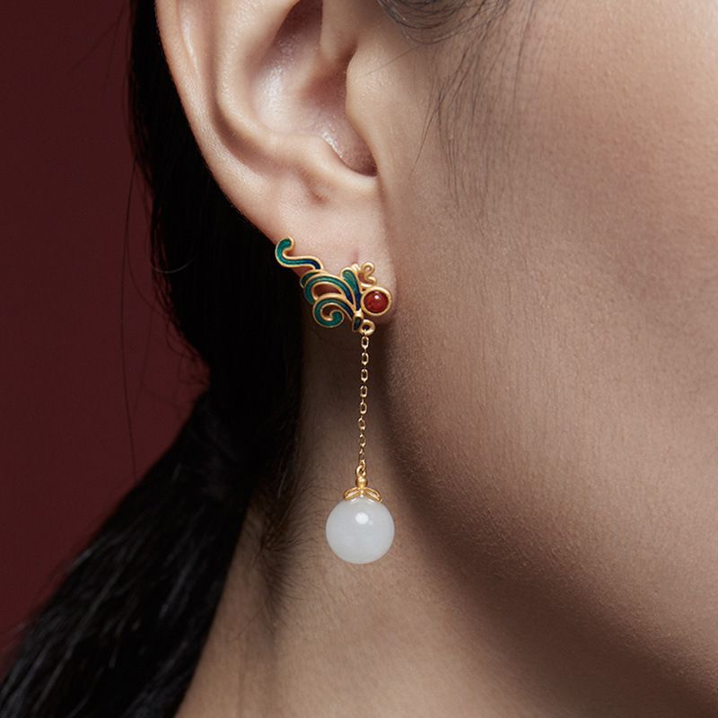 Gold Color VENUS Painted Enamel Nanhong Earrings for Women Girl Gift Round Hetian Jade Jewelry Dropship Wh_voghion.com
