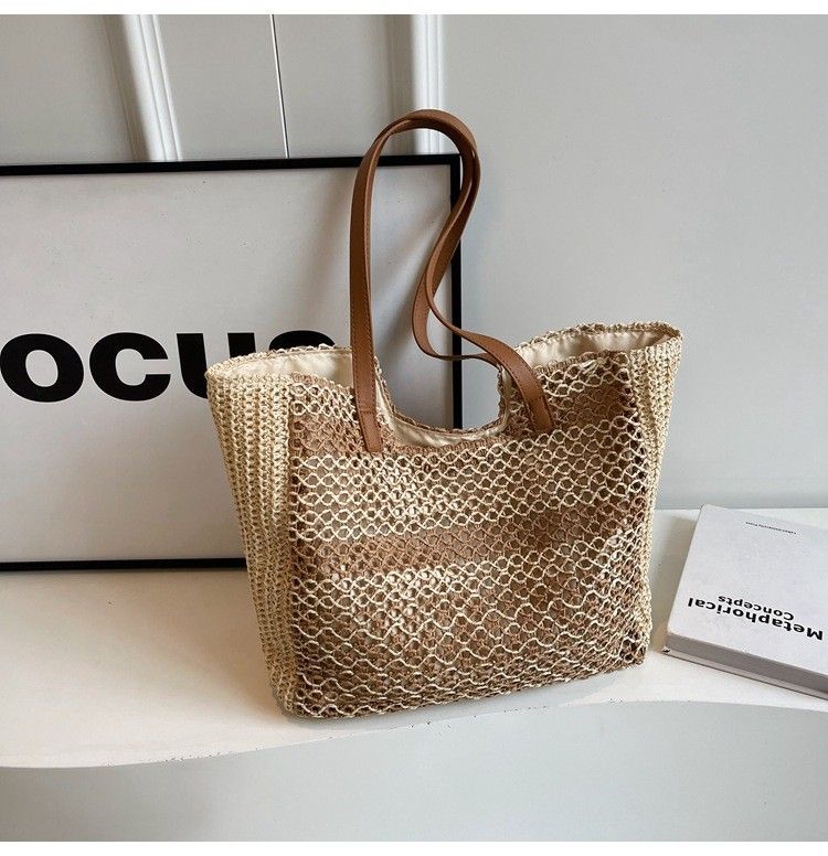 Neue, schlichte, modische und vielseitige Strandtasche aus hohlem, lässigem Grasgewebe, Damentasche mit einer Schulter_voghion.com