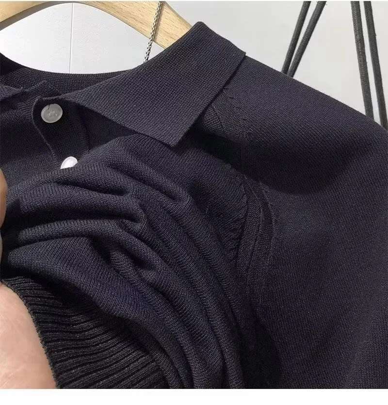 Men's Clothing 2024 summer lapel t shirt polo shirt men's short sleeved knitted sweater half sleeved youth slim shoulder stitching trend_voghion.com