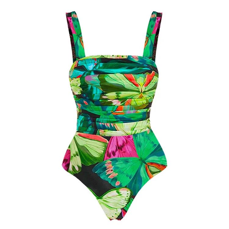 Maillot de bain une pièce plissé à imprimé papillon pour femme - Coupe ajustée, style vacances, style européen et américain_voghion.com