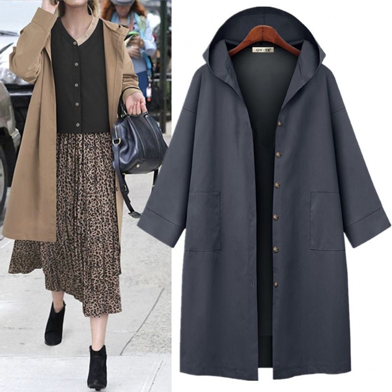 Giacca a maniche lunghe nuova primavera autunno da donna, ampia e attillata, semplice con cappuccio, giacca a vento di media lunghezza per le donne_voghion.com