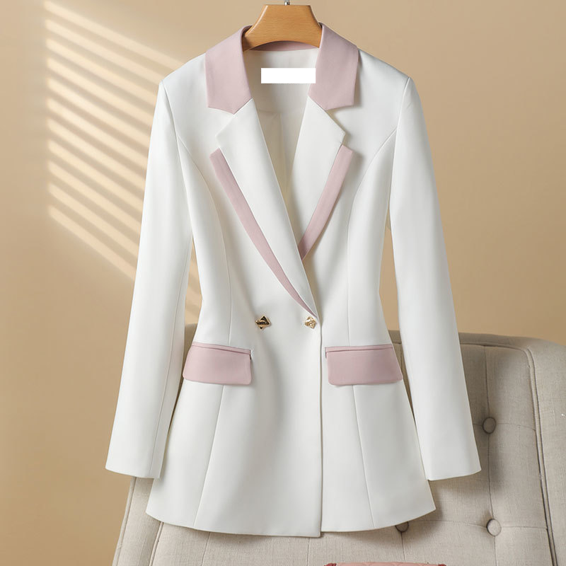 Women's Clothing Colorblock jacket age reducing mid length white slim fitting double breasted small suit personality_voghion.com