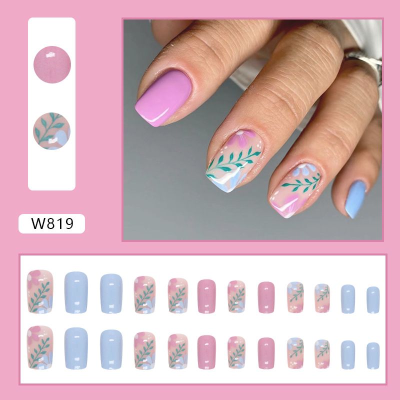 Nail Art Piccole Fresche Unghie Medie-lunghe Europee Carine Unghie a Fette con Fiori e Foglie Fresche per la Primavera e l'Estate Indossare Unghie_voghion.com