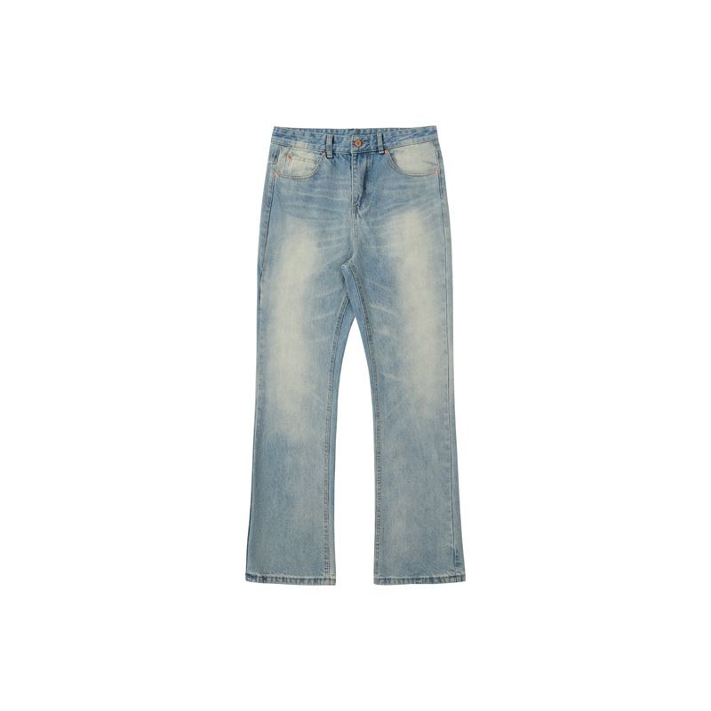 RDT Herrenbekleidung|Cleanfit Washed Vintage Ice Blue Cream Faded Cat Scratch Flared Jeans für Herren_voghion.com