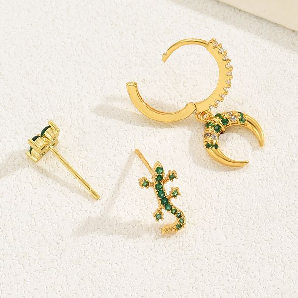 Set di orecchini di personalità di moda Ins intarsiati con zirconi, orecchini a forma di nicchia con geco a mezzaluna, clip per osso dell'orecchio rosso in rete versatile_voghion.com