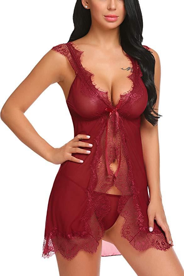 Nuovo set di camicia da notte sexy in pizzo con spalline taglie forti_voghion.com