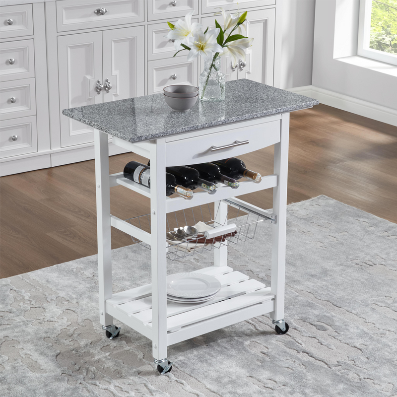 Mobile Rolling Kitchen Island Trolley Serving Cart With Underneath Drawer & Slide-Out Wire Storage Basket_voghion.com