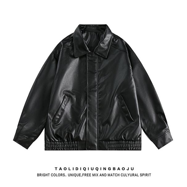 American Street Maillard Wear Leather Jacket Women's Retro High End Loose Couple Lapel PU Leather Jacket_voghion.com