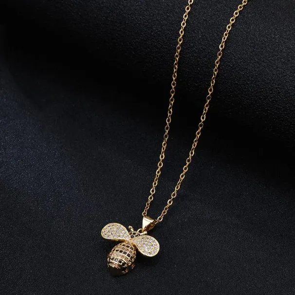 Colares com Pingente Corrente de Aço Inoxidável Cobre Incrustado Cor Zircão Colar de Abelha para Mulheres Colar Inicial com Pingente_voghion.com