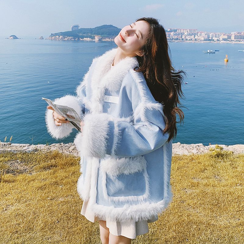 Cappotto in pelle di pecora blu shearling per donna, stile coreano, nuovo, taglia piccola, giacca invernale in pelle scamosciata spessa e calda, in cotone_voghion.com
