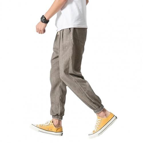 Casual Lightweight Spring Men Joggers Pants Solid Color Drawstring Summer Loose Mid Rise Pockets Trousers for Daily Wear_voghion.com