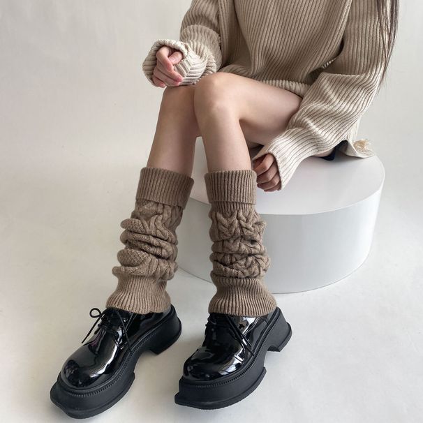 Calcetines con dobladillo retorcido para mujer con etiqueta, calentadores de piernas estilo coreano de jefa, calcetines de lana hasta la pantorrilla y hasta la rodilla._voghion.com
