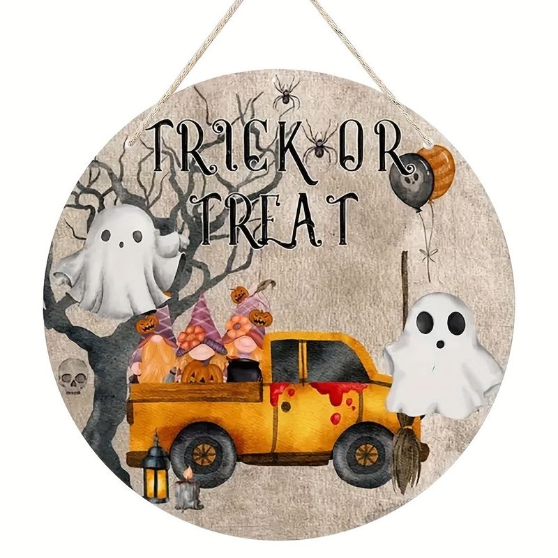 Home Decoration Halloween Trick or Treat Wooden Circular Logo Creative Decorative Board_voghion.com