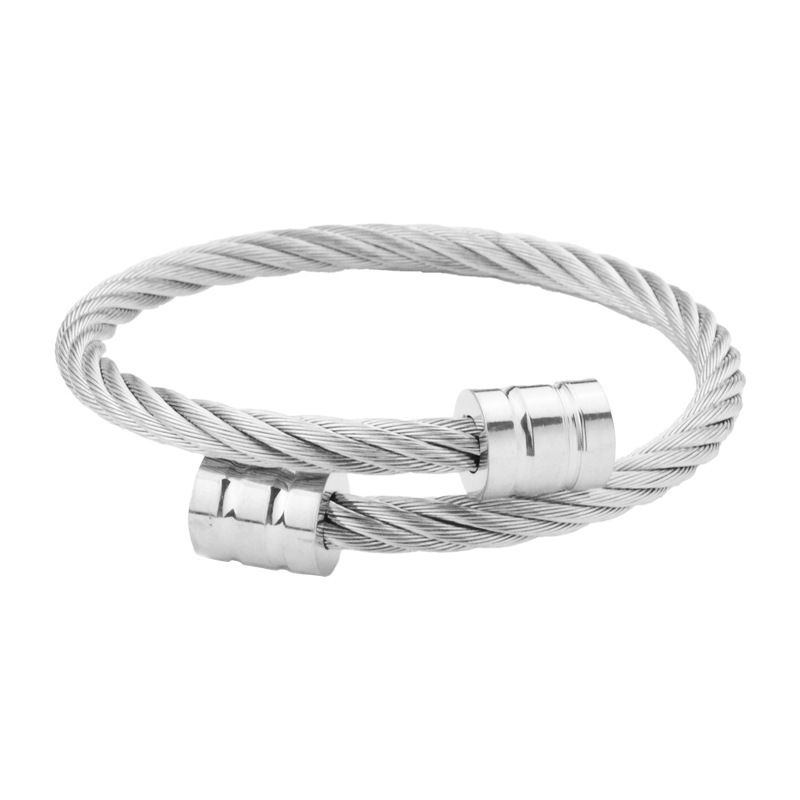 Titanium Braided Wire Rope Cylinder Bracelet Stainless Steel Hip Hop Punk Open Polished Bangle_voghion.com