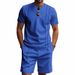 American Style Summer Men's Loose Fit INS Simple Waffle Round Neck Short Sleeve Shorts Two-Piece Set_voghion.com