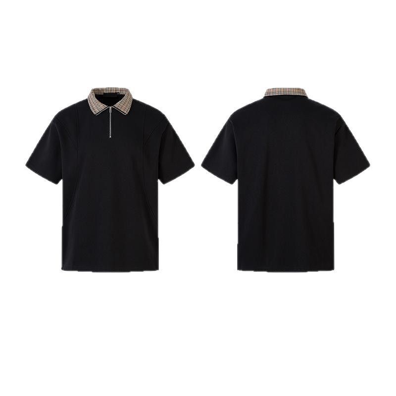 Retro Patchwork Checkered Half Zipper Short Sleeved T-shirt For Men And Women, Loose Casual Collar Polo Shirt_voghion.com