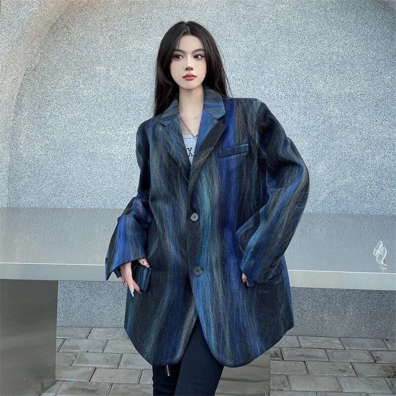 Büro Dame Gestreiften Tie Dye Kerb Kragen Langarm Frauen Retro Blazer Winter Vintage Casual Lose Zugeschnitten Mantel_voghion.com