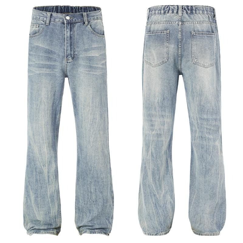 Vintage gewassen lichtblauwe Bowie-jeans voor heren - Cleanfit High Street Slim Straight Bootcut Denim-broek_voghion.com