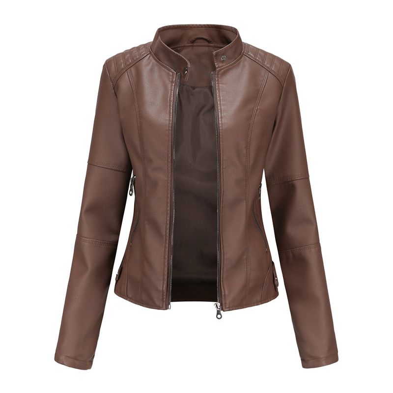 Women's slim jacket Jacket Women's biker jacket large size standing collar leather jacket_voghion.com