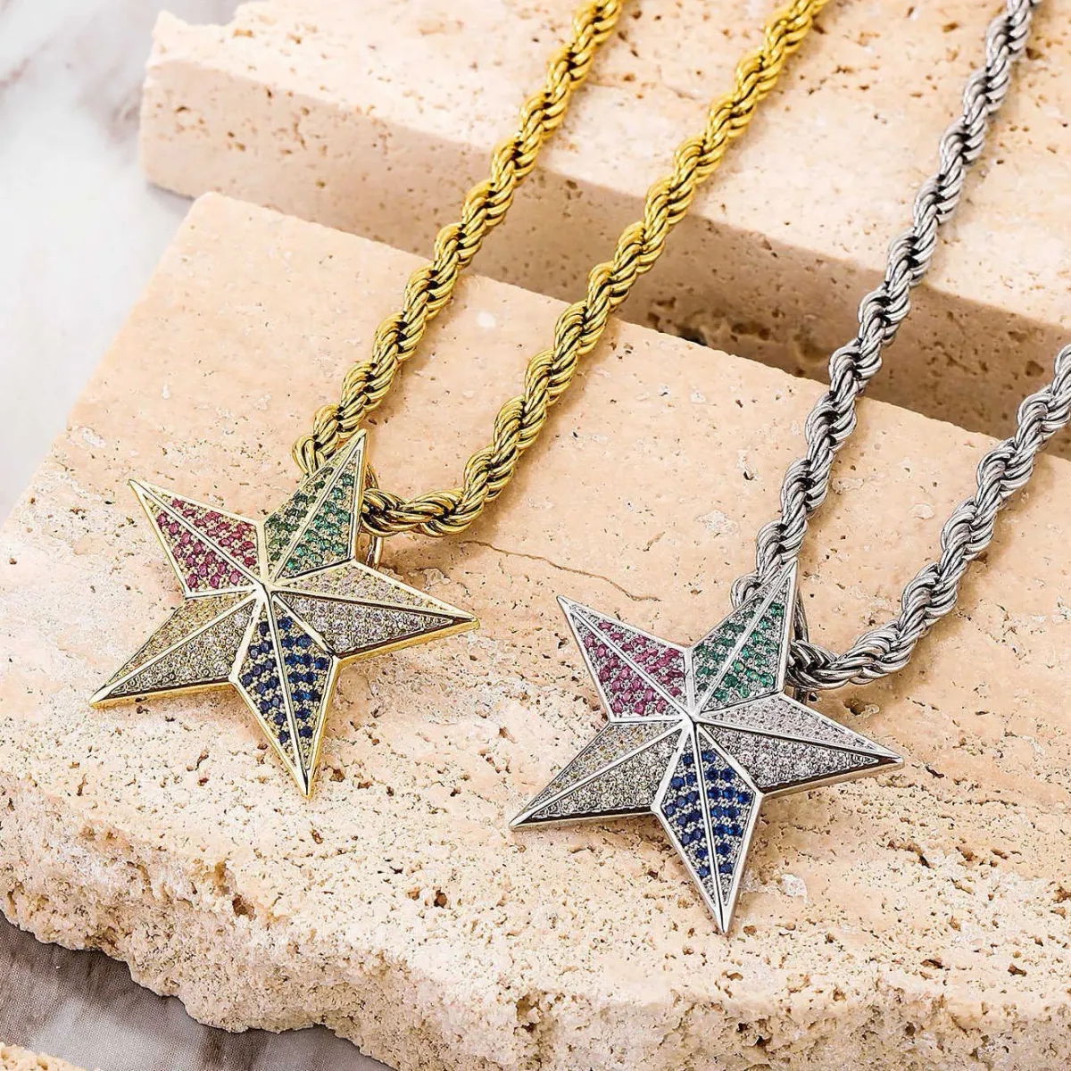 New Menss Hip Hop Colorful Cubic Zirconia Star Pendant Necklace Full Diamond Multi-color Pentagram Charm Brooch Copper_voghion.com