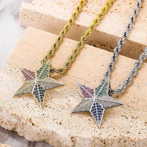 New Menss Hip Hop Colorful Cubic Zirconia Star Pendant Necklace Full Diamond Multi-color Pentagram Charm Brooch Copper_voghion.com