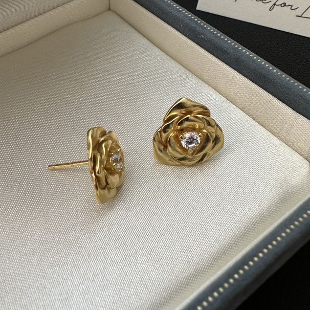 Orecchini a bottone antichi di medie dimensioni con zirconi di lusso in argento sterling S925 e nicchia leggera_voghion.com