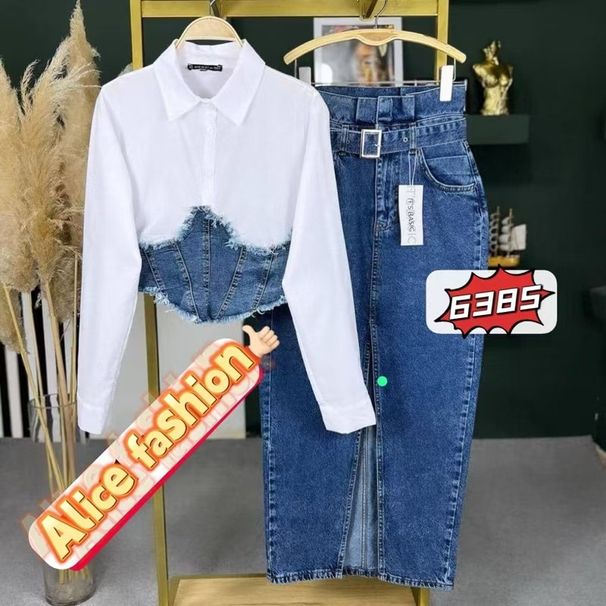 Îmbrăcăminte de damă, îmbrăcăminte din denim, cămașă cu mâneci lungi, rochie din denim, costum din două piese_voghion.com
