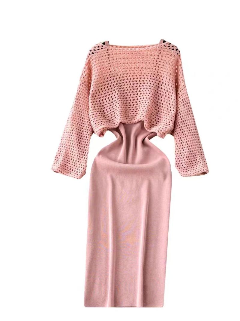 Damenbekleidung Große Größe Fett Mm Frühherbst Neuer Anzug Hohle Strickjacke + Sanfte V-Ausschnitt Hosenträger Strickweste Langer Rock_voghion.com