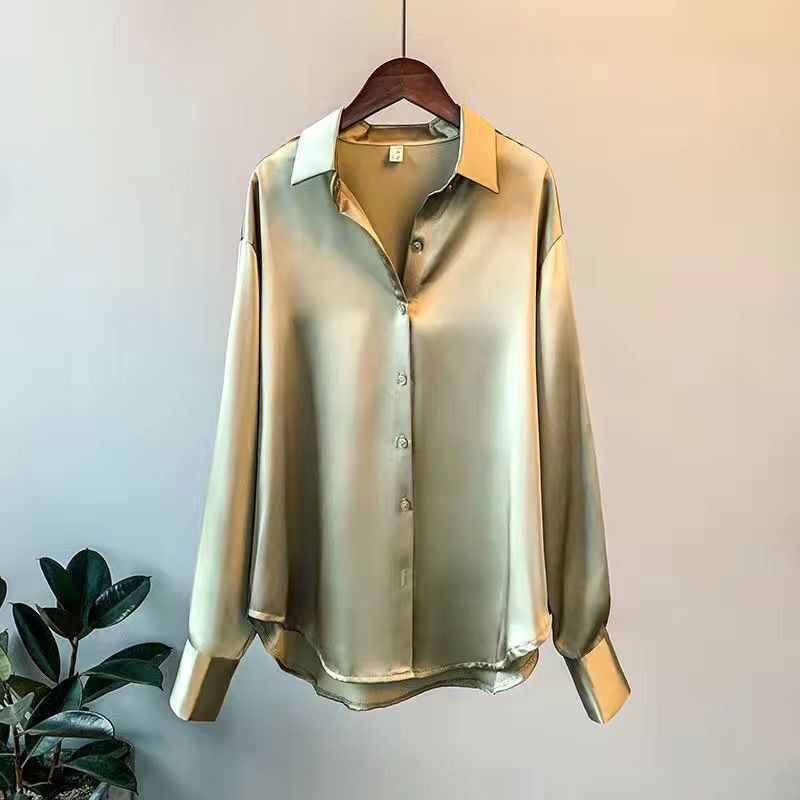 Damenbekleidung neue langärmlige Satinbluse_voghion.com