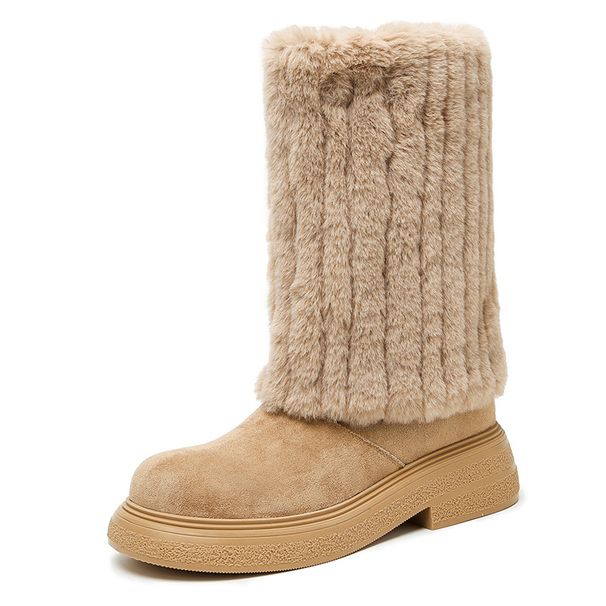 Women's Winter Snow Boots With Faux Fur Lining, Slip-Resistant Thick Sole, Mid-Calf Height, Water-Resistant Suede Upper, Round Toe, Chunky Heel_voghion.com