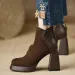 2024 Women's Fashion Boots: Chunky Heel Round Toe Versatile Booties, Black/Coffee 6b68_voghion.com
