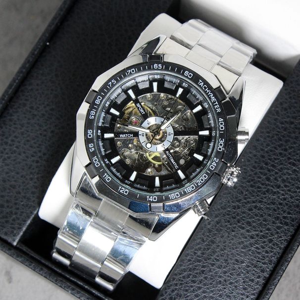 Men's Automatic Skeleton Mechanical Watch With Stainless Steel Band - World Time Function, 50mm Dial, Water Resistant Automatic Mechanical Steel Belt_voghion.com