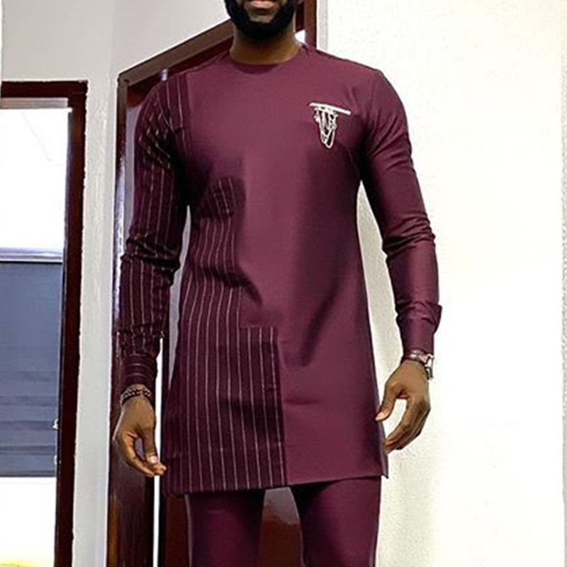 Men's round neck cotton African ethnic style robe shirt for men_voghion.com