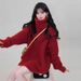 girl Christmas Red Turtleneck Knitted Sweater Scarf Two-Piece Set For Women Autumn Winter High-End Lazy Thickened Outerwear_voghion.com