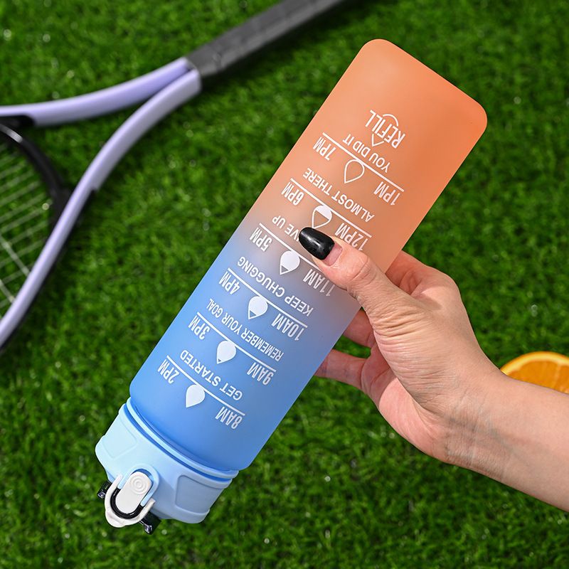 Gradient color frosted plastic sports cup portable rope portable fitness sports water bottle bouncing straw space cup_voghion.com