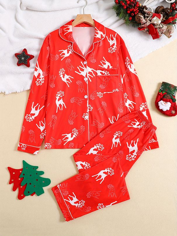 Pigiama da donna con risvolto, semplice e comodo, per Natale, autunno e inverno_voghion.com