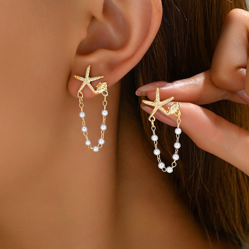 Sweet fresh Korean version women's niche stars, shell strings, pearl design earrings, high-end and versatile earrings_voghion.com