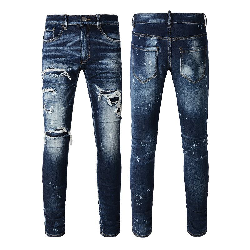 Men's Clothing ripped jeans high street fashion brand ripped patch ink jeans stretch slim fit skinny jeans_voghion.com