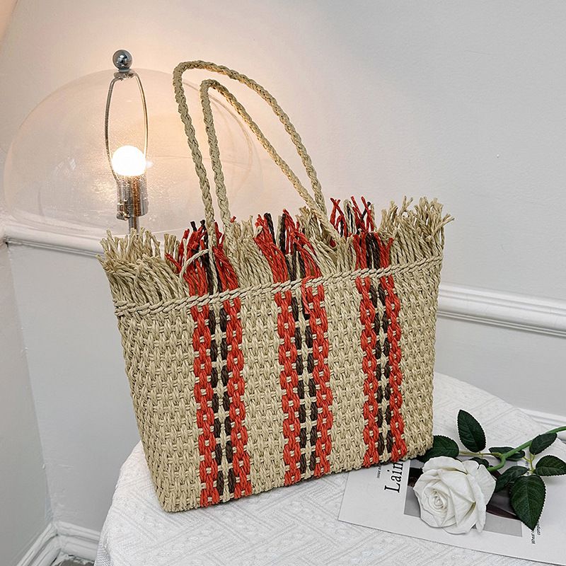 【Stile etnico】Borsa a tracolla alla moda in paglia color-block, borsa tote da vacanza di grande capacità_voghion.com