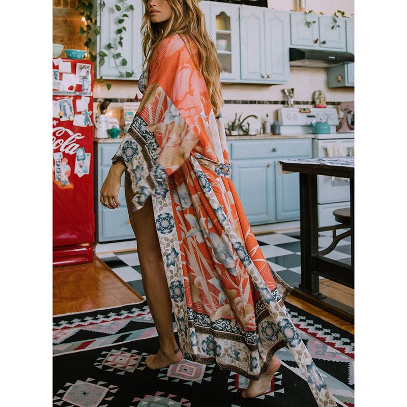 Women's Cotton Kimono Cover Up Beach Dress - Lightweight Sun Protection Long Robe With Crane Print, Bikini Wrap, Vacation Loungewear_voghion.com