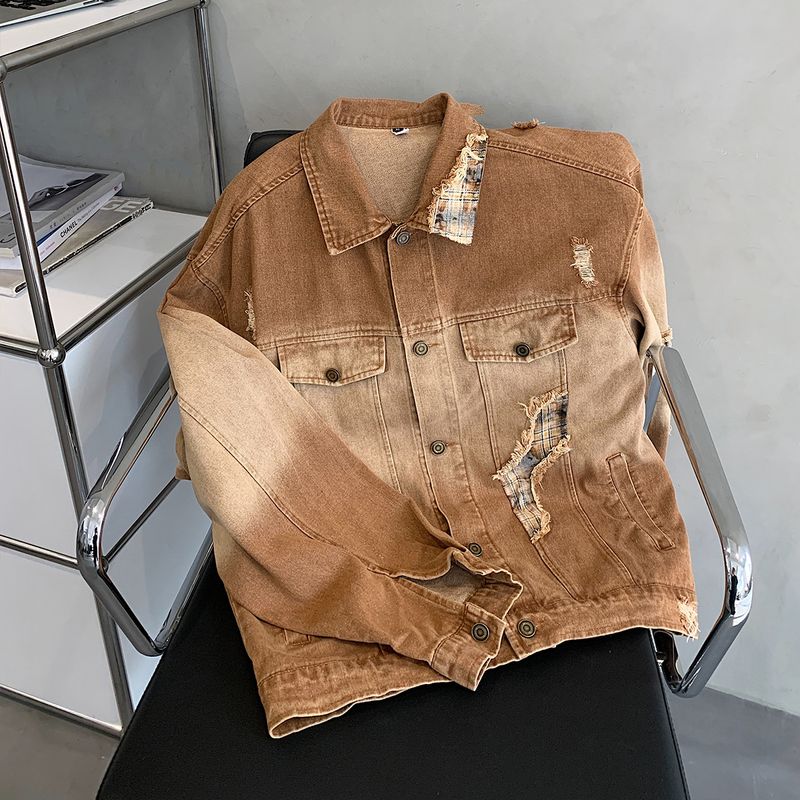 Vintage Distressed Denim Jacket With Gradient Color & Collar Design, Loose Fit Casual Coat For Men & Women​_voghion.com