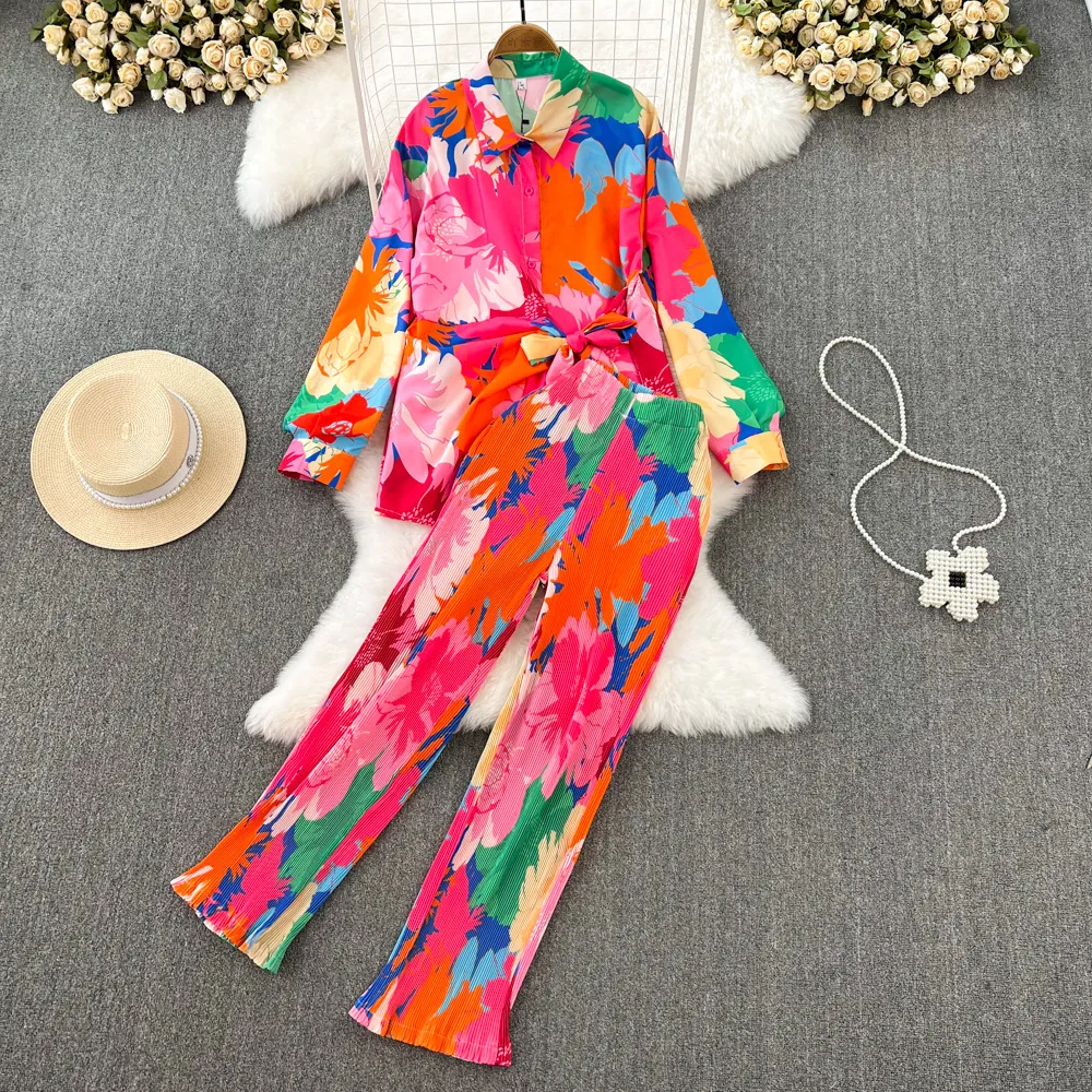 Costume de mode pour femmes, chemise ample décontractée à manches longues, ensemble deux pièces, taille haute, amincissant, imprimé tie-dye, pantalon large_voghion.com