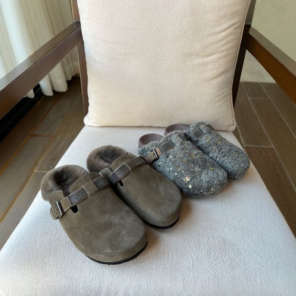 Pantofole in vera pelle e lana con suola spessa, con punta rinforzata e pelliccia, per abbigliamento da esterno da donna, autunno inverno 2024, taglia M_voghion.com