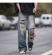 Männerkleeder Retro gerappte Jeans fir Männer Summer gewäsch, distressed, locker, breet Been, riicht, trendy, High-Street-Hosen_voghion.com