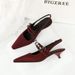 5126 Korean Style Pointed Toe One-Strap Backle Comfortable Low Single Shallow Mouth Wine Gla Heel Satin Women'_voghion.com