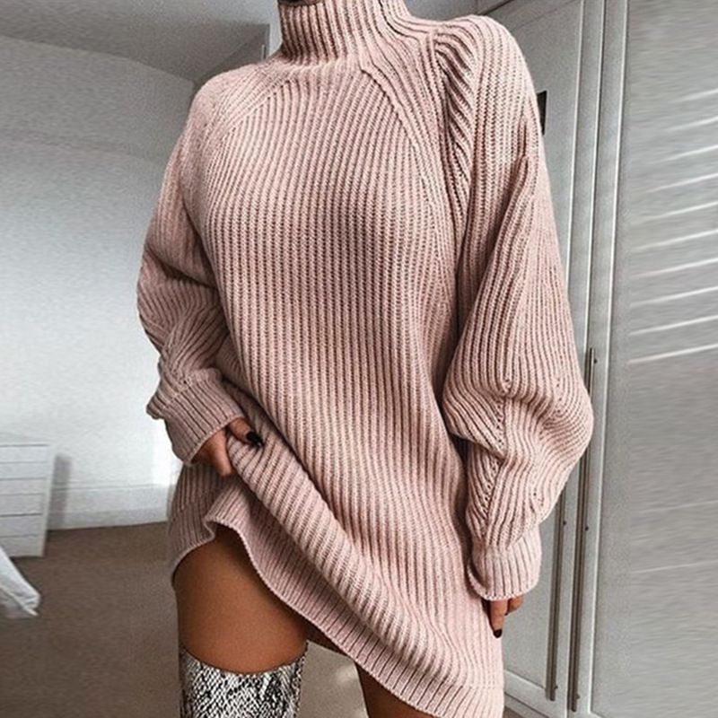 Dametøj Kjoler Dame Pullover Mid-Længde Raglan-ærmer Halv rullekrave sweater kjole_voghion.com