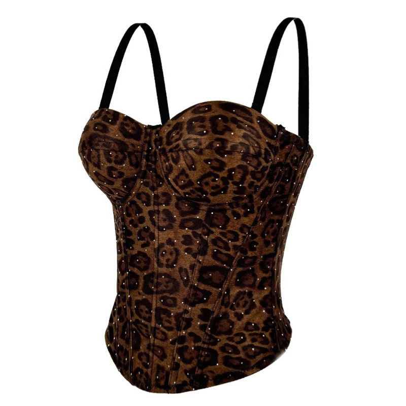 Women's Clothing Golden Brown Leopard Suede Short Vest Camisole Inner Wear Can Be Worn Outside Elastic Gathered Fishbone Body Shaping Bra_voghion.com