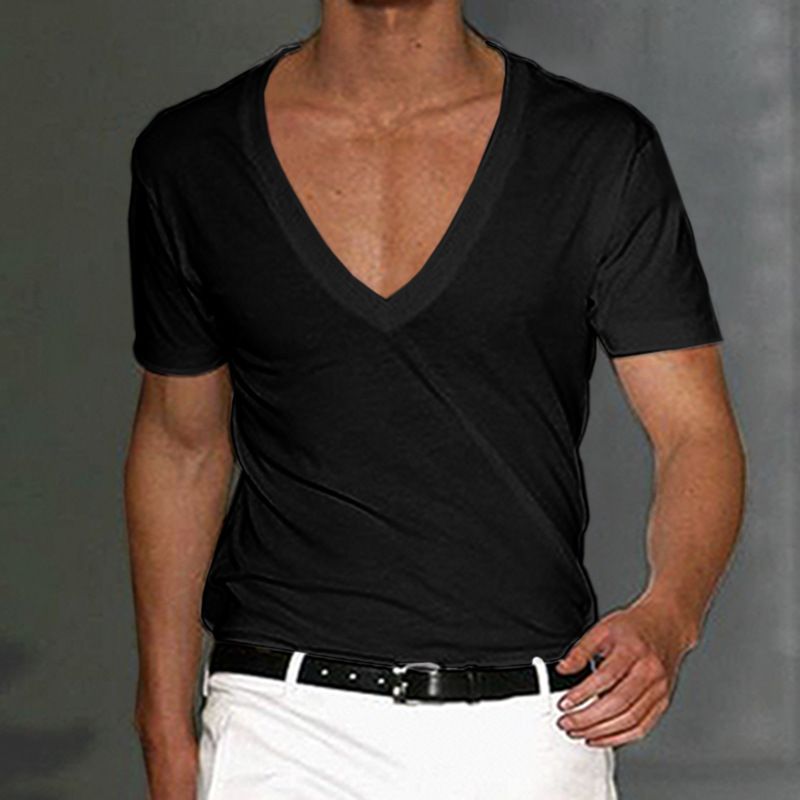 T-shirt de Fitness pour hommes, haut à col en v profond, en coton, absorbant la sueur, couleur unie, sport et loisirs_voghion.com