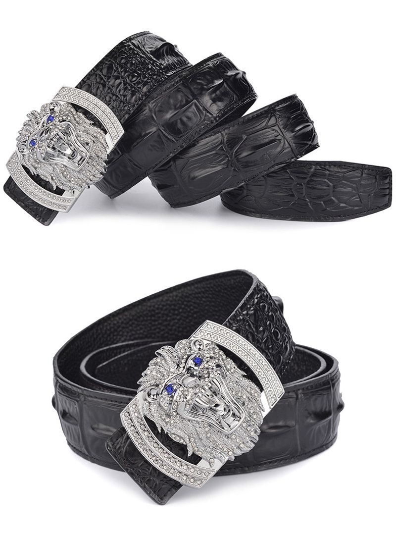 Hi-Tie Crocodile Brown Coffee Men's Gold Lion Buckle Cowskin Genuine Leather For Jeans Belt Men Gifts_voghion.com