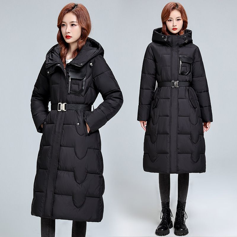 Roupas femininas Casaco longo de plumas com cinto, corte slim, jaqueta quente de inverno com capuz, agasalho casual (disponível em bege, preto, cáqui, marrom)_voghion.com